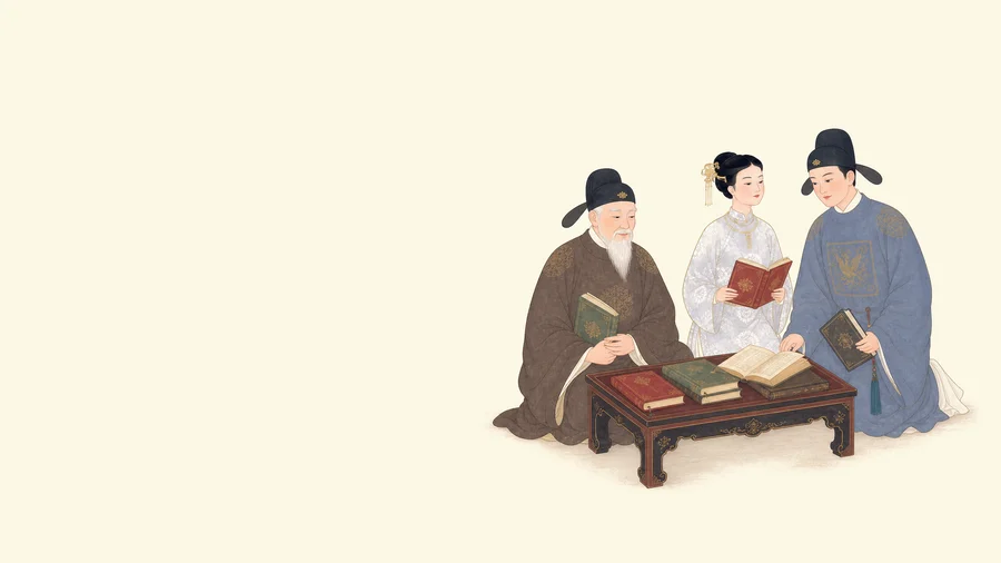 Ba người ngồi quanh bàn thấp cùng đọc bài luận giải