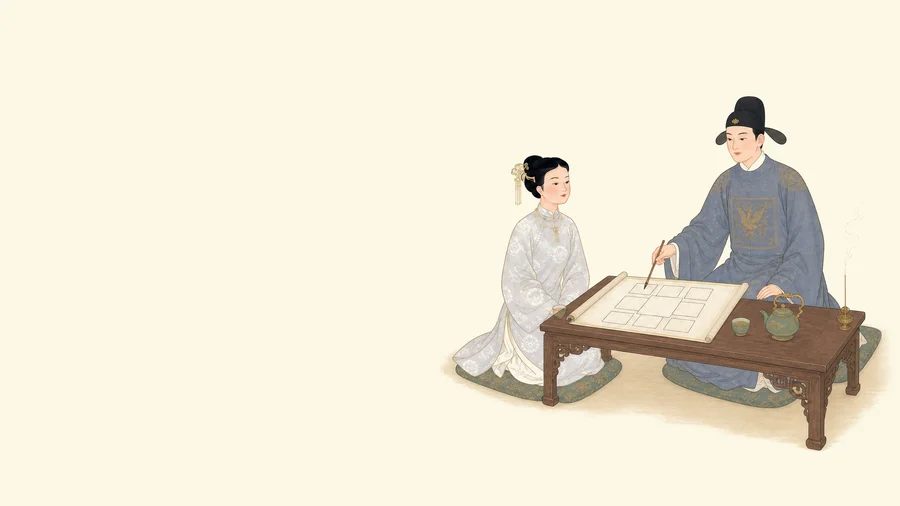 Hai người ngồi hai bên bàn thấp, người luận chỉ trên tờ lá số